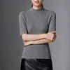 Camiseta de malha base gola alta 100% imitação de lã pura para mulheres, manga média, padrão espinha de peixe, suéter slim fit, top para camada interna