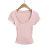 Camiseta de Verano Estilo Puro Deseo Ajustada Cintura de Reloj de Arena Hombro Normal Top Sexy de Manga Corta con Cuello en V Profundo Estilo Chica Caliente Americana para Mujer