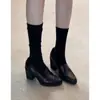 Mocassins retrô em couro de ovelha, salto grosso, novo estilo feminino, sem cadarço, bico quadrado, sapatos elegantes de salto alto