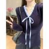 25 Prendas de Punto Nuevas con Nudo Francés Twist y Cuello Anudado para Mujer, Camisetas Básicas de Primavera Ajustadas para Interior, Tops de Manga Larga