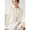 Suéter de cachemira hueco para otoño e invierno, cárdigan de punto de encaje con cuello polo para mujer, prenda exterior, capa base, top corto, suéter