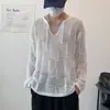 Suéter Holgado Transpirable con Aberturas y Cuello en V para Hombre Verano Mangas Abullonadas Atractivo de Gama Alta Camisa Americana con Cordón Suéter de Manga Larga