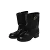 Primer Encuentro Ji Botas Vaqueras Cortas Retro Hebilla de Cuero Botas de Motocicleta Mujer Punta Redonda Tacón Grueso Botas Largas Suela Gruesa Pantalón Botas Mujer