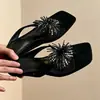 Chinelos Retro Estilo Coreano para Mulheres, Verão 2026, com Strass de Fogos de Artifício, Bico Quadrado, Adequados para Combinar com Vestidos, Sandálias Anabela de Dedo