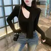 Venta al por mayor del fabricante Otoño e Invierno Modal 260g Cuello halter en V Hueco Manga larga Camiseta de manga larga para mujer Ajustada Top de capa base