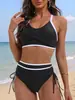 Amazon Nuevo Stock Spot Colorblock con Tirantes y Cordón Cintura Alta Sexy Bikini de Dos Piezas Traje de Baño de Comercio Exterior Mujeres