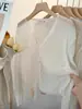 Cardigã de tricô de seda gelada azul, fino, de manga comprida, para mulheres, peça externa de primavera, xale de proteção solar, blusa para cobrir do ar condicionado