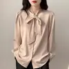 Camisa con moño azul, diseño para mujer, blusa profesional y elegante, top de satín con detalle de corbata