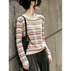 Camiseta de manga larga a rayas para mujer, nuevo estilo 2026, top de punto fino hueco de alta gama, camiseta básica de otoño, top elegante
