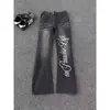 Calça jeans masculina com estampa de letras em padrão de raio azul, calça com vibe slim-fit para outono e inverno, calça reta estilo high street americana