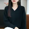 Suéter de malha 100% algodão puro, macio e confortável, com decote V para mulheres, corte casual solto, anti-pilling, peça básica simples, grosso