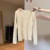 Suéter de punto suave y acogedor con cuello en U, puramente deseable y delicado para mujer, elegante camisa base de otoño e invierno ajustada con mangas largas