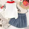 Comércio exterior infantil verão novo padrão de cereja camisa polo colete sem mangas saia jeans calça conjunto de duas peças doce e fofo