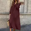Vestido Novo Versátil de Meio Comprimento com Decote V e Manga Longa para Primavera e Outono, Saia de Algodão e Linho, Vestido Soltinho Plus Size Feminino que Esconde a Figura