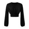 Atacado de Roupas Femininas Transfronteiriças Estilo Europeu e Americano 2025 Outono Inicial Nova Blusa Plissada de Gola Redonda com Manga Morcego Camiseta de Manga Longa