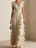 Nuevo vestido transfronterizo de estilo europeo y americano con mangas acampanadas pequeñas, volantes grandes, cuello en V, cintura alta, gasa y diseño hasta el suelo
