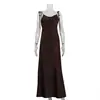 Vestido de tirantes largo sexy estilo chica picante transfronterizo europeo y americano para mujer, de satén, drapeado, con cordones en los hombros, sin mangas, de cintura alta