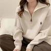 Jersey de Punto con Cremallera Media y Cuello de Solapa Bordado de Poni Coreano para Mujer Otoño e Invierno Nuevo Color Sólido Informal