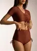 Traje de baño de dos piezas transfronterizo 2027, color liso, cordón, manga corta, cintura alta, estilo europeo y americano, venta al por mayor para Amazon, trajes de baño para mujer de comercio exterior