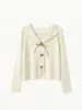 Suéter de Punto de Manga Larga con Volantes y Cuello en V de Deseo Puro Nuevo para Otoño e Invierno, Prenda Base Adelgazante con Botones Franceses para Mujer