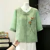 Roupas de Verão para o Dia das Mães para a Mamãe, Nova Blusa Chinesa com Mangas Médias, Camisa da Moda para Mulheres de Meia-Idade e Idosas, Camisa de Estilo Chinês Tradicional com Botões Frontais