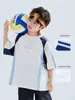 Ropa para Niños Camiseta de Manga Corta de Algodón Puro para Niños Estilo Nuevo Verano 2026 Tops con Parches de Color Contrastante para Niños Ropa de Media Manga de Verano para Niños Grandes