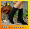 Botas Longas Novas Outono/Inverno 2026 Botas Marrons Salto Grosso Casuais com Cadarço Acima do Joelho Couro Envernizado Salto Alto Botas Femininas