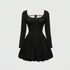 Amazon Ropa Europea y Americana Transfronteriza Tallas Grandes para Mujer Vestido Sexy Cuello en U Primavera y Verano Cintura Alta Falda Línea A Corbata Delgado Corto Vestido para Mujer