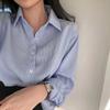 Estilo coreano chique vintage listrado colarinho polo camisa de manga comprida solta desleixado cardigan blusa blusa