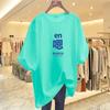 Camiseta Europea de Talla Grande Cubre-glúteos Largo Medio Top Camiseta Base Algodón Suelta Adelgazante Multicolor Manga Corta para Mujer