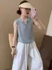 Chaleco de punto hueco con solapa estilo "old money" francés para mujer, camiseta polo de verano fina ajustada con cuello en V, top sin mangas