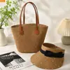 Bolso de Paja Estilo Nuevo con Pedrería, Visera Protectora del Sol, Sombrero de Paja de Copa Abierta, Juego de Bolso de Hombro de Gran Capacidad al por Mayor