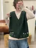 26 Primavera Nuevo Estilo Bordado Hilo de Algodón Cuello en V Retro Artístico Chaleco Tejido Holgado Casual Chaleco Superior para Mujer