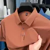 Camisa Polo Masculina de Verão com Manga Curta, Estampada, Sem Costura, de Seda Gelada de Nylon, Elástica, Cor Pura, Casual de Negócios, com Gola