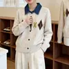 Cárdigan de punto retro estilo coreano con parche de mezclilla de patrón de diamantes y cuello polo, nuevo suéter de bloques de color para otoño/invierno, prenda de abrigo para mujer