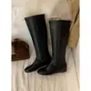 Primer Encuentro Ji Botas Largas Retro Botas Altas Botas de Monta para Mujer Nuevo Punta Redonda Suela Plana Botas Negras Versátiles Botas Largas