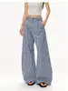 Directo del fabricante: Pantalones de cuadros azules holgados con pliegues estilo americano, pantalones casuales ligeros para mujer, pantalones casuales holgados de pierna ancha para verano