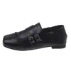 Zapatos Pequeños de Cuero Versátiles Estilo Retro Cuatro Estaciones Doble Hebilla Tacón Grueso Mocasines Boca Baja para Mujer Zapatos de Cuero Suave Punta Cuadrada Con Flor Negro