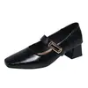 Zapatos de moda para mujer estilo francés, punta cuadrada, tacón grueso, cuero suave, escote bajo, tacón medio, sin cordones, correa única, versión coreana, primavera 2026