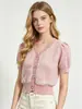 Venta al por mayor transfronteriza desde la fábrica de origen: Cárdigan de punto con encaje de primavera/verano para mujer, cuello en V, mangas abullonadas y botones de perla, top de estilo corto