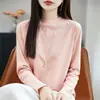 Blusa de tricô feminina de algodão puro, gola semi-alta, manga longa, macia e amigável à pele, modelagem justa, peça básica para primavera e outono