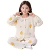 Pijama de Algodón Nube para Niñas Otoño Invierno Dulce Encaje Niños Medianos y Grandes Cárdigan Manga Larga Conjunto de Ropa de Casa para Niños