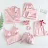 Pijama Delgado Estilo Ins Transfronterizo de Comercio Exterior para Mujer, Conjunto de Siete Piezas para Primavera y Otoño, Ropa de Casa con Patrón de Grulla, Pijama Delgado para Todas las Estaciones