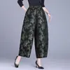 Novas Calças de Perna Larga Estilo Chinês Seda Amora Seda Cropped Casuais Cintura Elástica Soltas Jacquard Calças Botão Mulher Outono