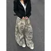 Jeans camuflado com bordado de letra e galho estilo rua americano, calça wide leg de design nicho unissex, outros