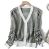Chaqueta Cardigan de Punto de Lino Kangbaolai de Alta Calidad, Transpirable para Primavera y Verano, Crochet Calado, Bloques de Color, Rayas, Cuello en V para Mujer 010