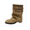 Comercio exterior transfronterizo talla grande 2026 nuevas botas cortas de vaquero occidental Maillard apiladas con doble hebilla y caña plisada para mujer