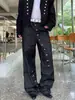 Moda Calle Alta Estilo Y2K Asimétrico Botón Original Mezclilla Jeans Negros Diseño para Hombres Versátil Holgado Pierna Recta Pantalones Largos