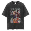 Tamanho Europeu Transfronteiriço Camiseta Vintage Lavada Transfronteiriça Europeia e Americana Anime Retro Americano One Piece Forma Nika Manga Curta