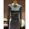 Tejido de punto de manga larga con cuello semi-alto para mujer, Nuevo estilo de principios de primavera, Top plisado ajustado, Jersey de estilo minimalista
